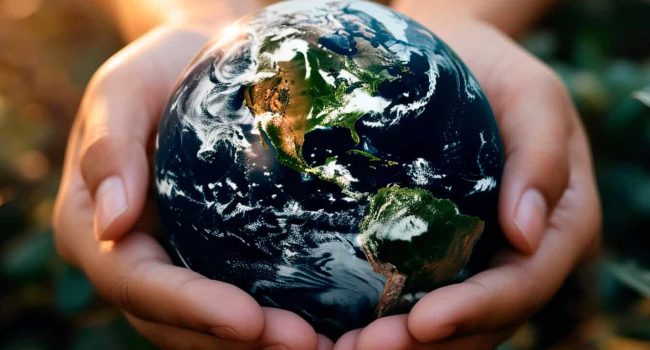 caring hands cradling the Earth, symbolizing human responsibility and commitment to nurturing and protecting the planet.
