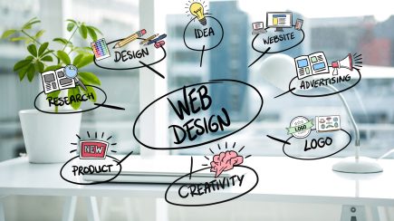 digital composite of business graphics with office background